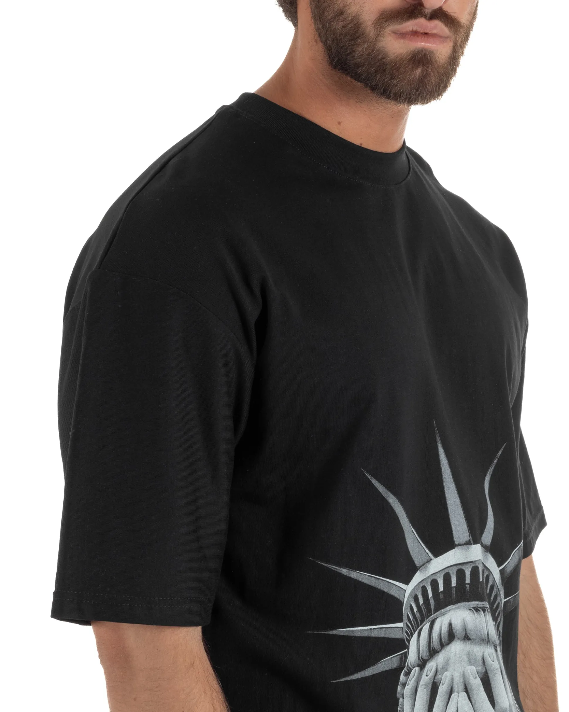 T-shirt uomo girocollo oversize streetwear con stampa nero GIOSAL-TS3308A