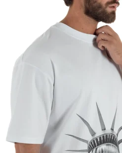 T-shirt uomo girocollo oversize streetwear con stampa bianco GIOSAL-TS3307A