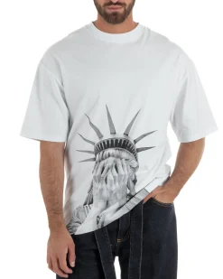 T-shirt uomo girocollo oversize streetwear con stampa bianco GIOSAL-TS3307A