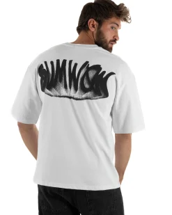 T-shirt uomo girocollo oversize streetwear con stampa posteriore bianco GIOSAL-TS3301A