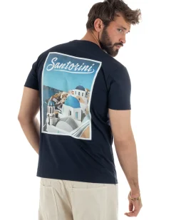 T-shirt uomo girocollo ricamo stampa santorini basic blu SUPERCULTURE-A1831