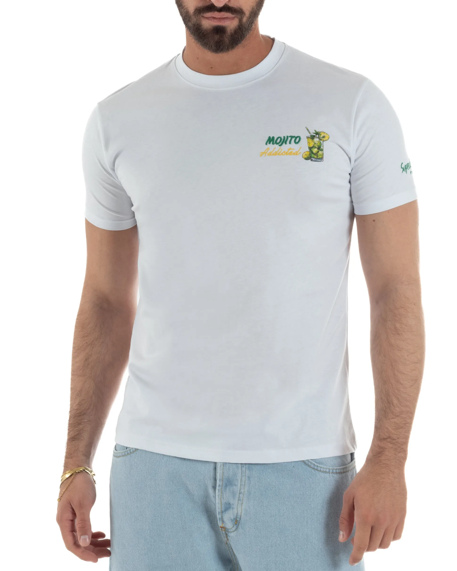 T-shirt uomo girocollo ricamo stampa mojito basic bianco SUPERCULTURE-A1903