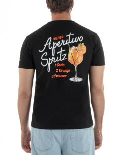 T-shirt uomo girocollo ricamo stampa spritz basic nero SUPERCULTURE-A1901