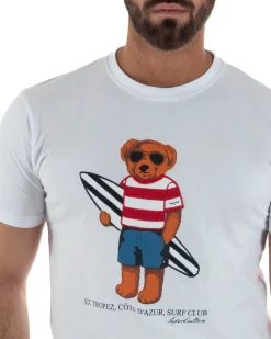 T-shirt uomo girocollo stampa ricamo orsetto saint tropez basic bianco SUPERCULTURE-A1915