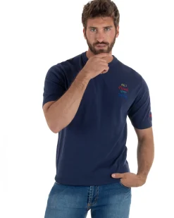 T-Shirt uomo maglia filo con ricamo ALL I NEED IS MY GIN TONIC leggera blu SUPERCULTURE-AK6009