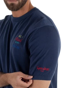 T-Shirt uomo maglia filo con ricamo ALL I NEED IS MY GIN TONIC leggera blu SUPERCULTURE-AK6009