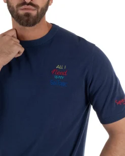T-Shirt uomo maglia filo con ricamo ALL I NEED IS MY GIN TONIC leggera blu SUPERCULTURE-AK6009