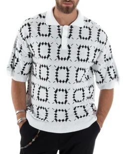 T-Shirt Uomo Maglia In Filo Regular Fit Colletto Polo Con Bottoncini Casual Jacquard Basic Bianco GIOSAL-TS3063A