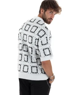 T-Shirt Uomo Maglia In Filo Regular Fit Colletto Polo Con Bottoncini Casual Jacquard Basic Bianco GIOSAL-TS3063A