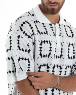 T-Shirt Uomo Maglia In Filo Regular Fit Colletto Polo Con Bottoncini Casual Jacquard Basic Bianco GIOSAL-TS3063A