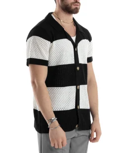 T-shirt Uomo Maglia Polo Traforata Ricamata Cardigan Manica Corta Con Bottoni A Righe Nero Casual GIOSAL-TS3001A