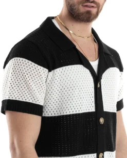 T-shirt Uomo Maglia Polo Traforata Ricamata Cardigan Manica Corta Con Bottoni A Righe Nero Casual GIOSAL-TS3001A