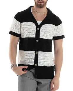 T-shirt Uomo Maglia Polo Traforata Ricamata Cardigan Manica Corta Con Bottoni A Righe Nero Casual GIOSAL-TS3001A