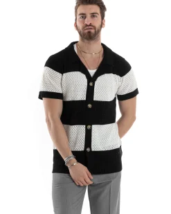 T-shirt Uomo Maglia Polo Traforata Ricamata Cardigan Manica Corta Con Bottoni A Righe Nero Casual GIOSAL-TS3001A