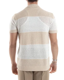 T-shirt Uomo Maglia Polo Traforata Ricamata Cardigan Manica Corta Con Bottoni A Righe Beige Casual GIOSAL-TS3002A