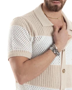 T-shirt Uomo Maglia Polo Traforata Ricamata Cardigan Manica Corta Con Bottoni A Righe Beige Casual GIOSAL-TS3002A