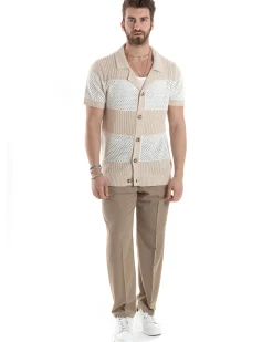 T-shirt Uomo Maglia Polo Traforata Ricamata Cardigan Manica Corta Con Bottoni A Righe Beige Casual GIOSAL-TS3002A