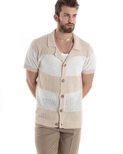T-shirt Uomo Maglia Polo Traforata Ricamata Cardigan Manica Corta Con Bottoni A Righe Beige Casual GIOSAL-TS3002A