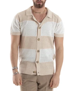 T-shirt Uomo Maglia Polo Traforata Ricamata Cardigan Manica Corta Con Bottoni A Righe Beige Casual GIOSAL-TS3002A