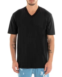 T-shirt Uomo Maglia Tinta Unita Nera Oversize Scollo a V Basic Casual GIOSAL-TS2882A