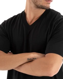 T-shirt Uomo Maglia Tinta Unita Nera Oversize Scollo a V Basic Casual GIOSAL-TS2882A