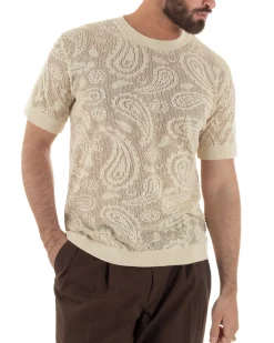 T-shirt uomo maglia traforata girocollo crochet jacquard panna BERNA M-261017