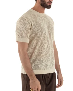 T-shirt uomo maglia traforata girocollo crochet jacquard panna BERNA M-261017