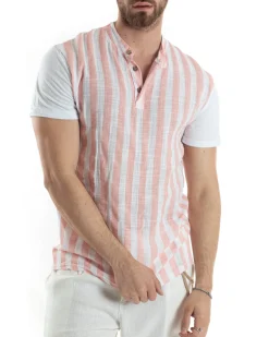 T-shirt Uomo Maniche Corte Serafino Con Bottoni Cotone Lino Casual Rigata Bicolore Rosa GIOSAL-TS3027A