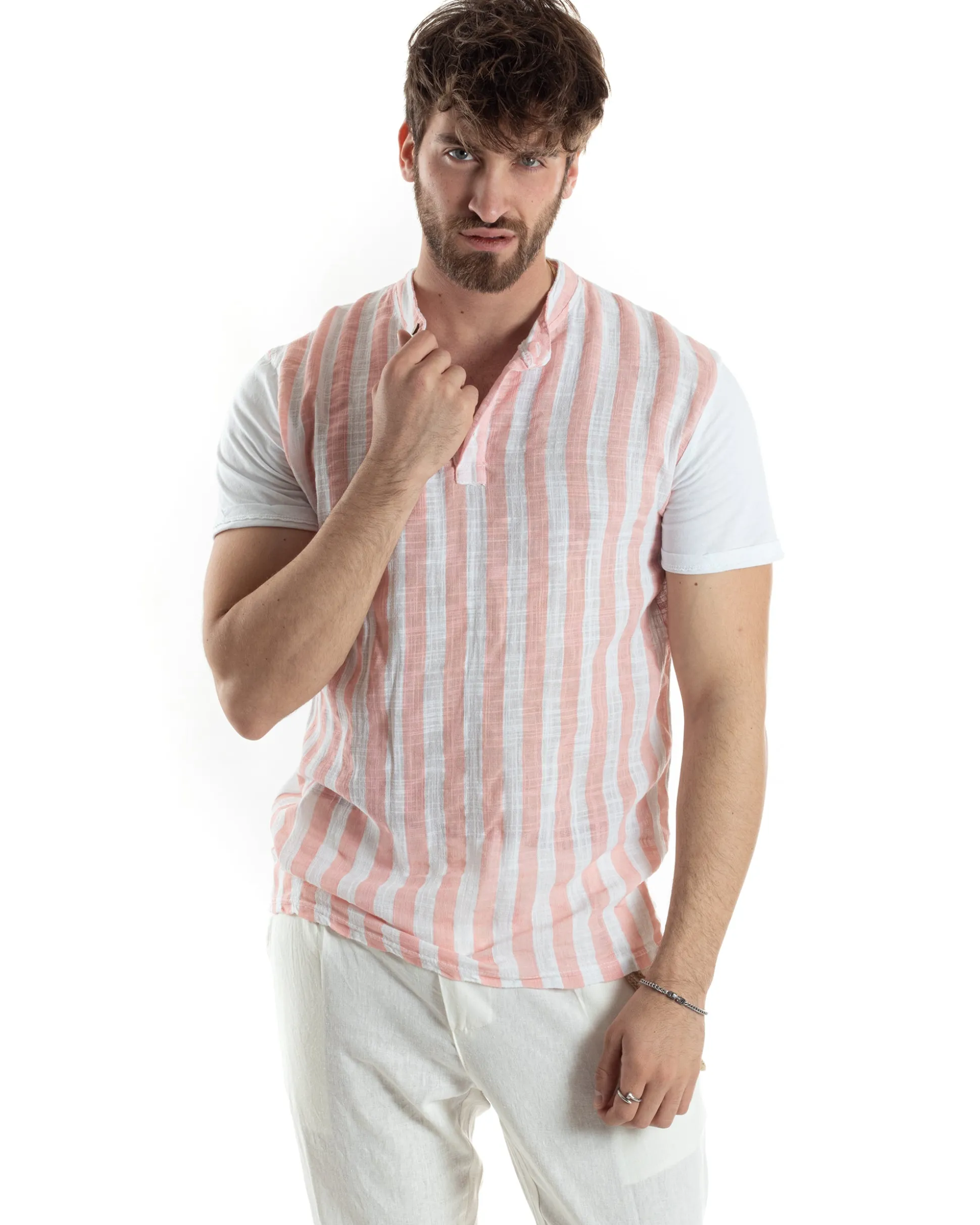 T-shirt Uomo Maniche Corte Serafino Con Bottoni Cotone Lino Casual Rigata Bicolore Rosa GIOSAL-TS3027A