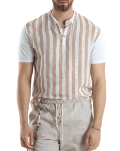 T-shirt Uomo Maniche Corte Serafino Con Bottoni Cotone Lino Casual Rigata Bicolore Beige GIOSAL-TS3029A