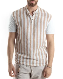 T-shirt Uomo Maniche Corte Serafino Con Bottoni Cotone Lino Casual Rigata Bicolore Beige GIOSAL-TS3029A