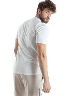 T-shirt Uomo Maniche Corte Serafino Con Bottoni Cotone Lino Casual Rigata Bicolore Celeste GIOSAL-TS3028A
