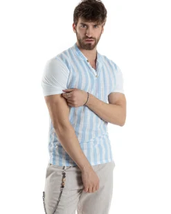 T-shirt Uomo Maniche Corte Serafino Con Bottoni Cotone Lino Casual Rigata Bicolore Celeste GIOSAL-TS3028A