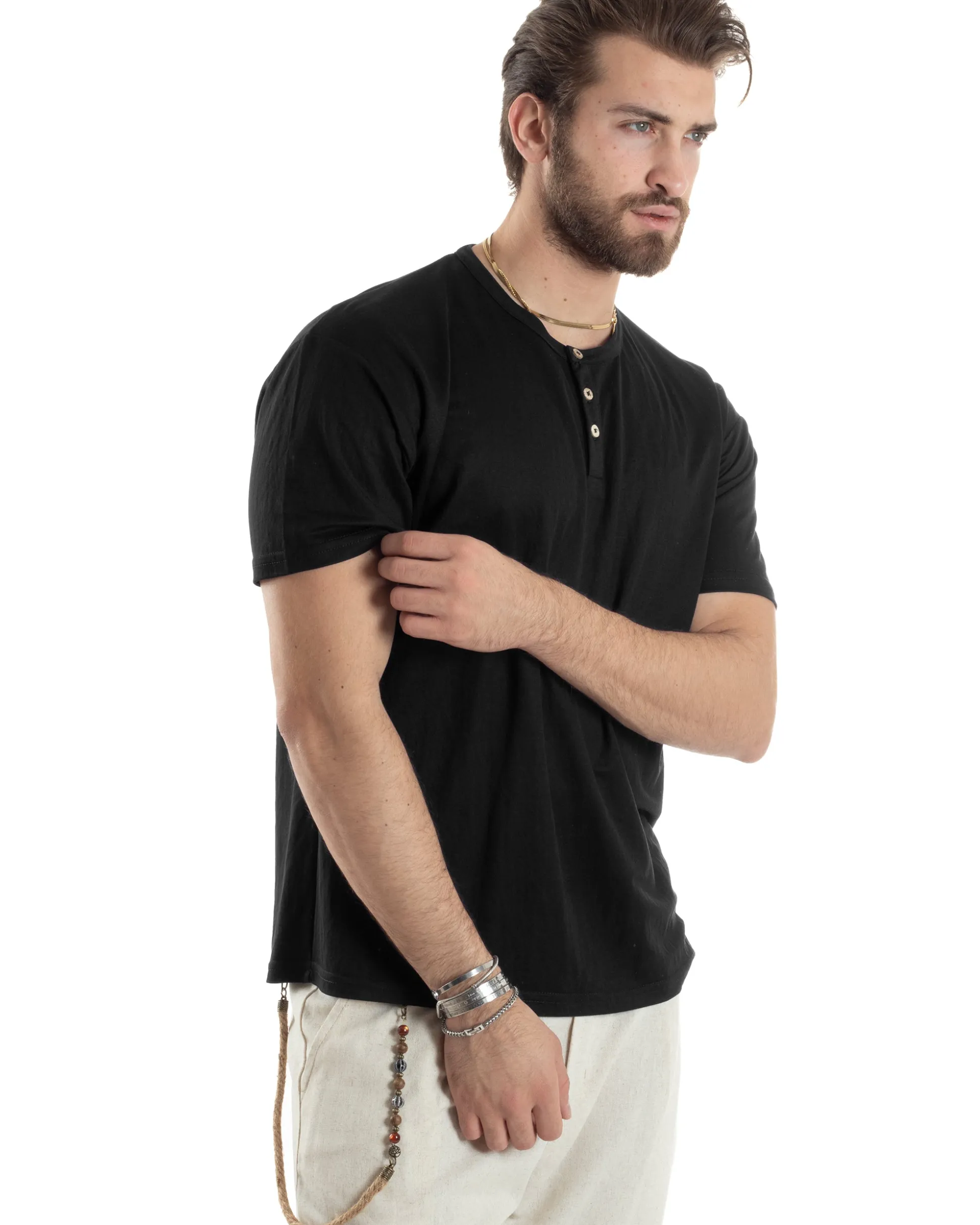 T-shirt Uomo Maniche Corte Viscosa Collo Serafino Maglia Con Bottoni Casual Nero GIOSAL-TS3036A