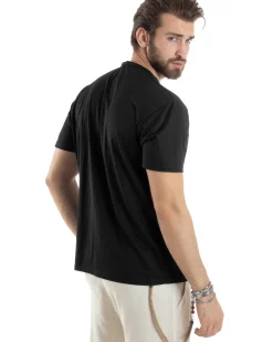 T-shirt Uomo Maniche Corte Viscosa Collo Serafino Maglia Con Bottoni Casual Nero GIOSAL-TS3036A