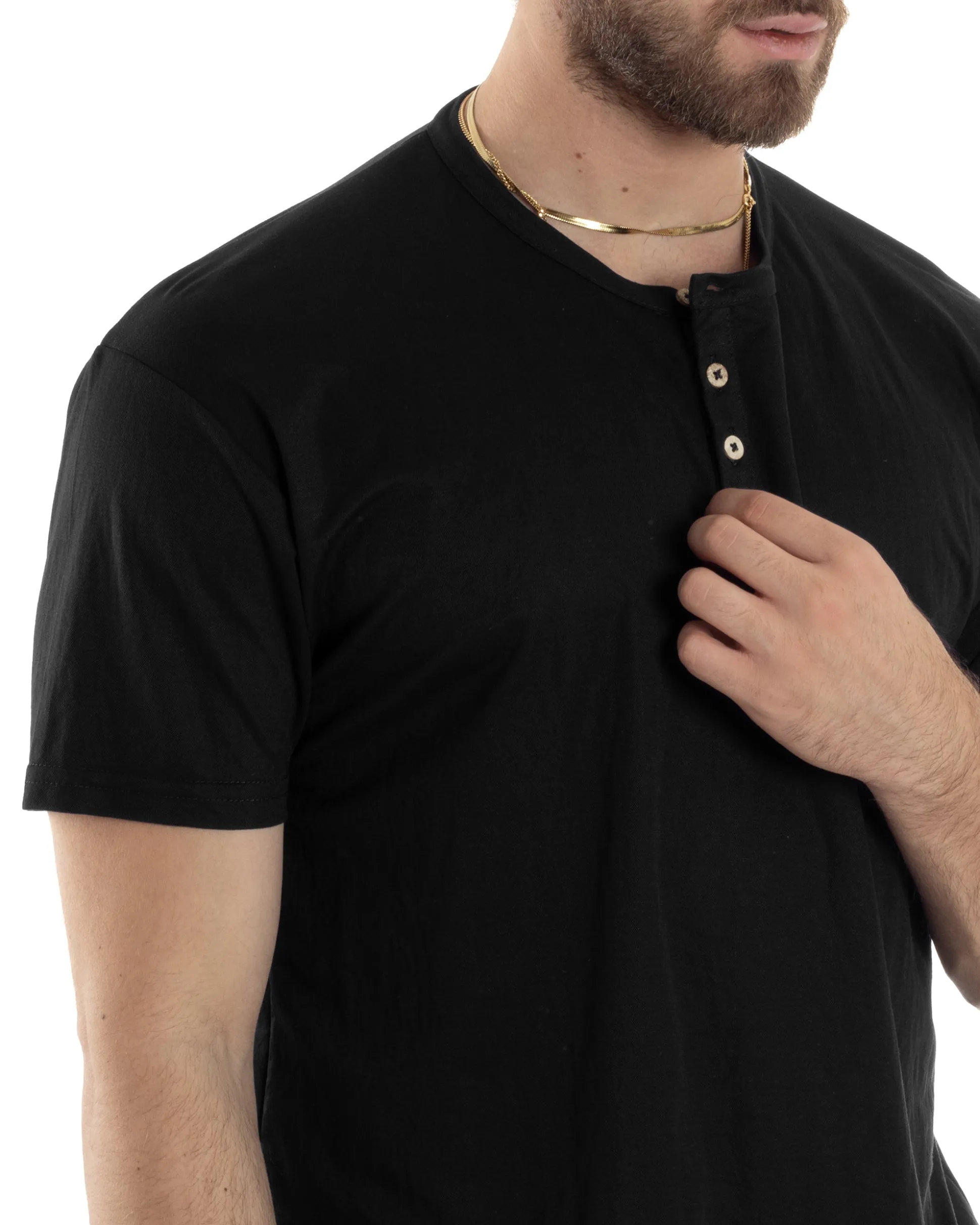 T-shirt Uomo Maniche Corte Viscosa Collo Serafino Maglia Con Bottoni Casual Nero GIOSAL-TS3036A