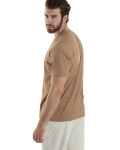 T-shirt Uomo Maniche Corte Viscosa Collo Serafino Maglia Con Bottoni Casual Camel GIOSAL-TS3038A