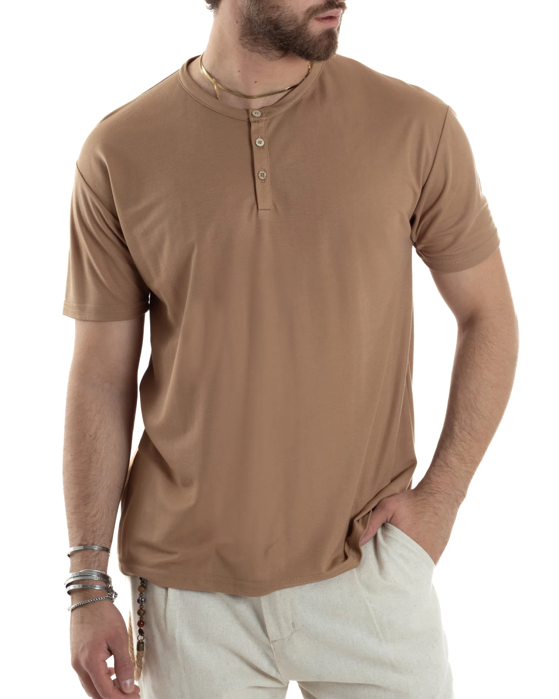 T-shirt Uomo Maniche Corte Viscosa Collo Serafino Maglia Con Bottoni Casual Camel GIOSAL-TS3038A