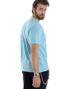 T-shirt Uomo Maniche Corte Viscosa Collo Serafino Maglia Con Bottoni Casual Azzurro GIOSAL-TS3037A