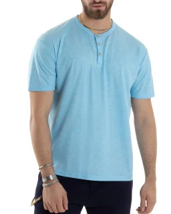 T-shirt Uomo Maniche Corte Viscosa Collo Serafino Maglia Con Bottoni Casual Azzurro GIOSAL-TS3037A