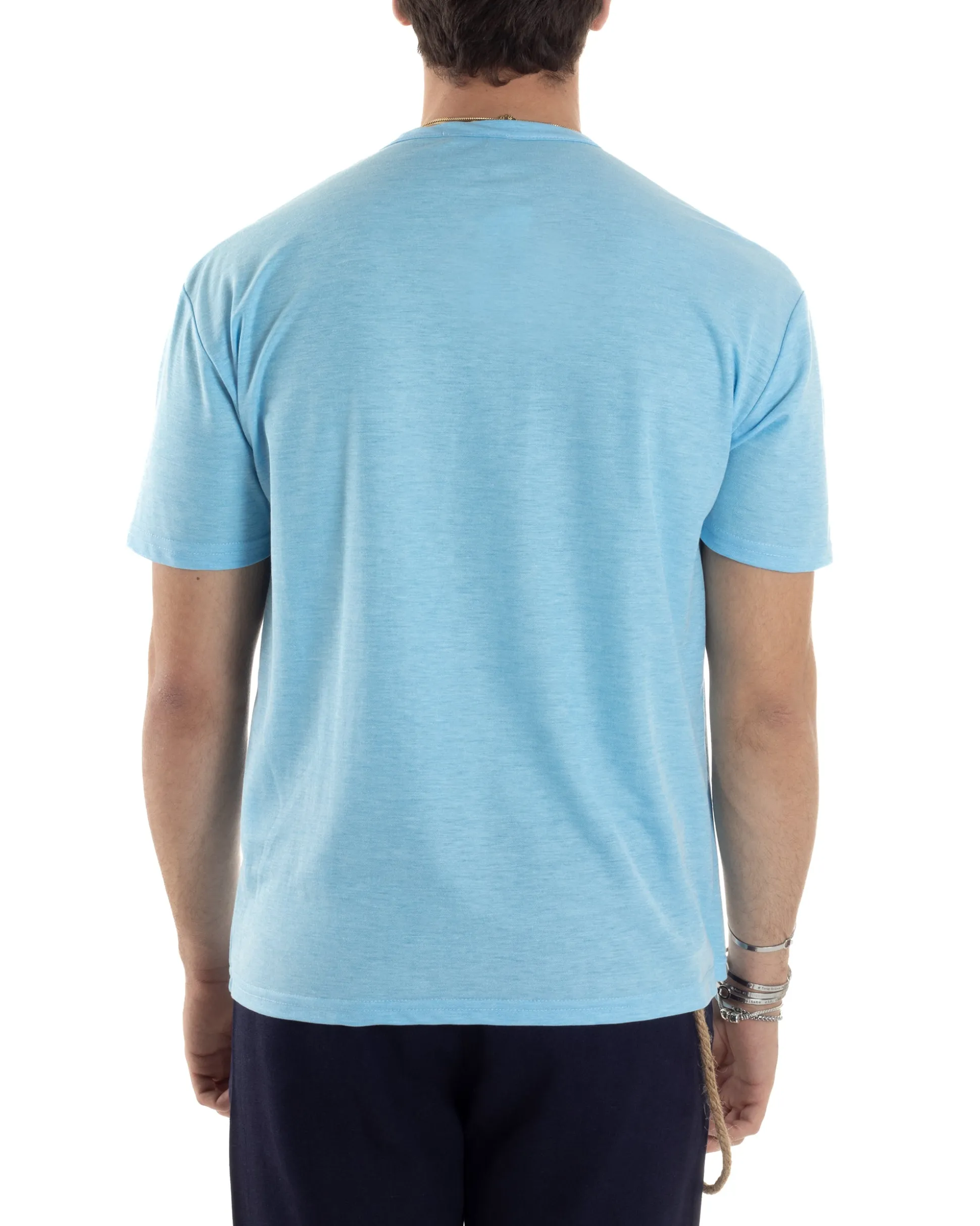 T-shirt Uomo Maniche Corte Viscosa Collo Serafino Maglia Con Bottoni Casual Azzurro GIOSAL-TS3037A