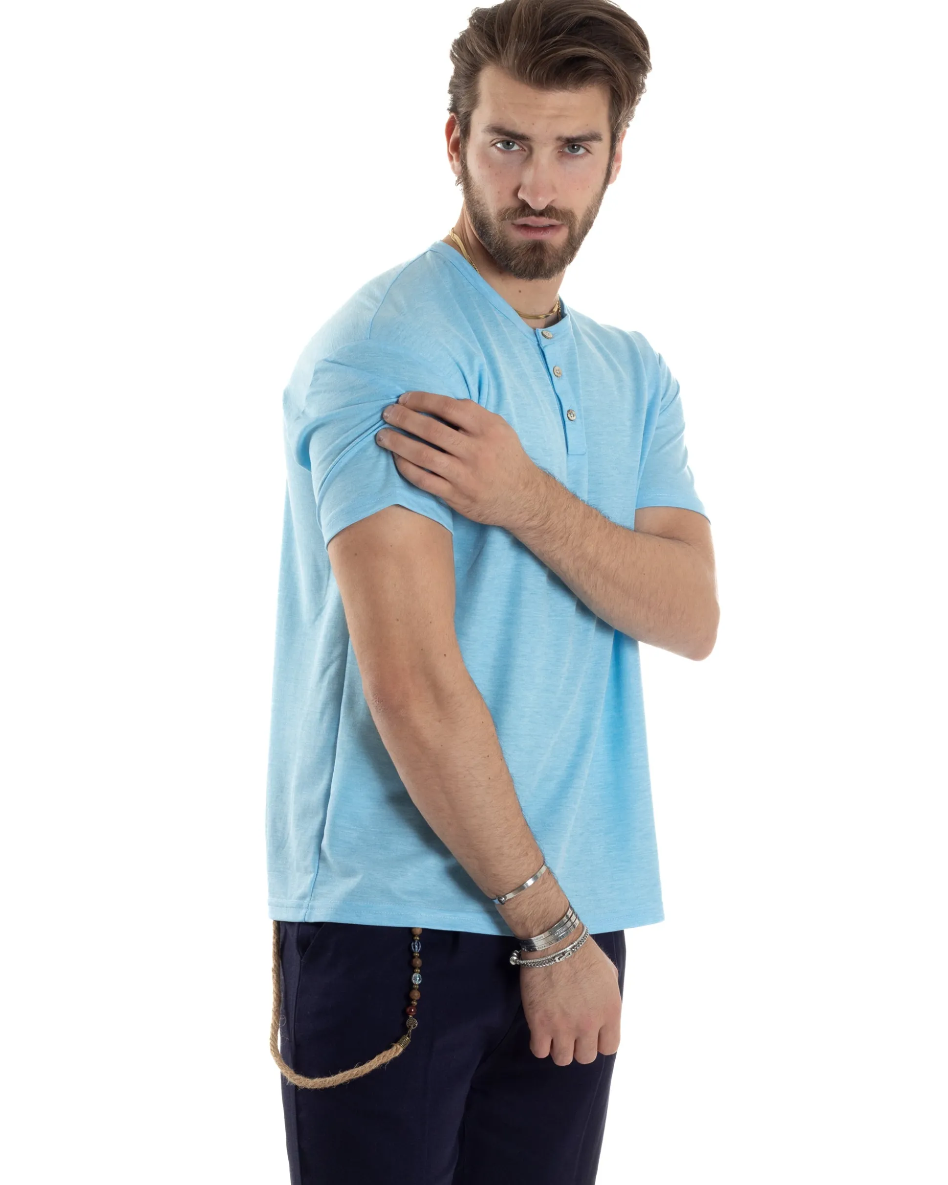 T-shirt Uomo Maniche Corte Viscosa Collo Serafino Maglia Con Bottoni Casual Azzurro GIOSAL-TS3037A