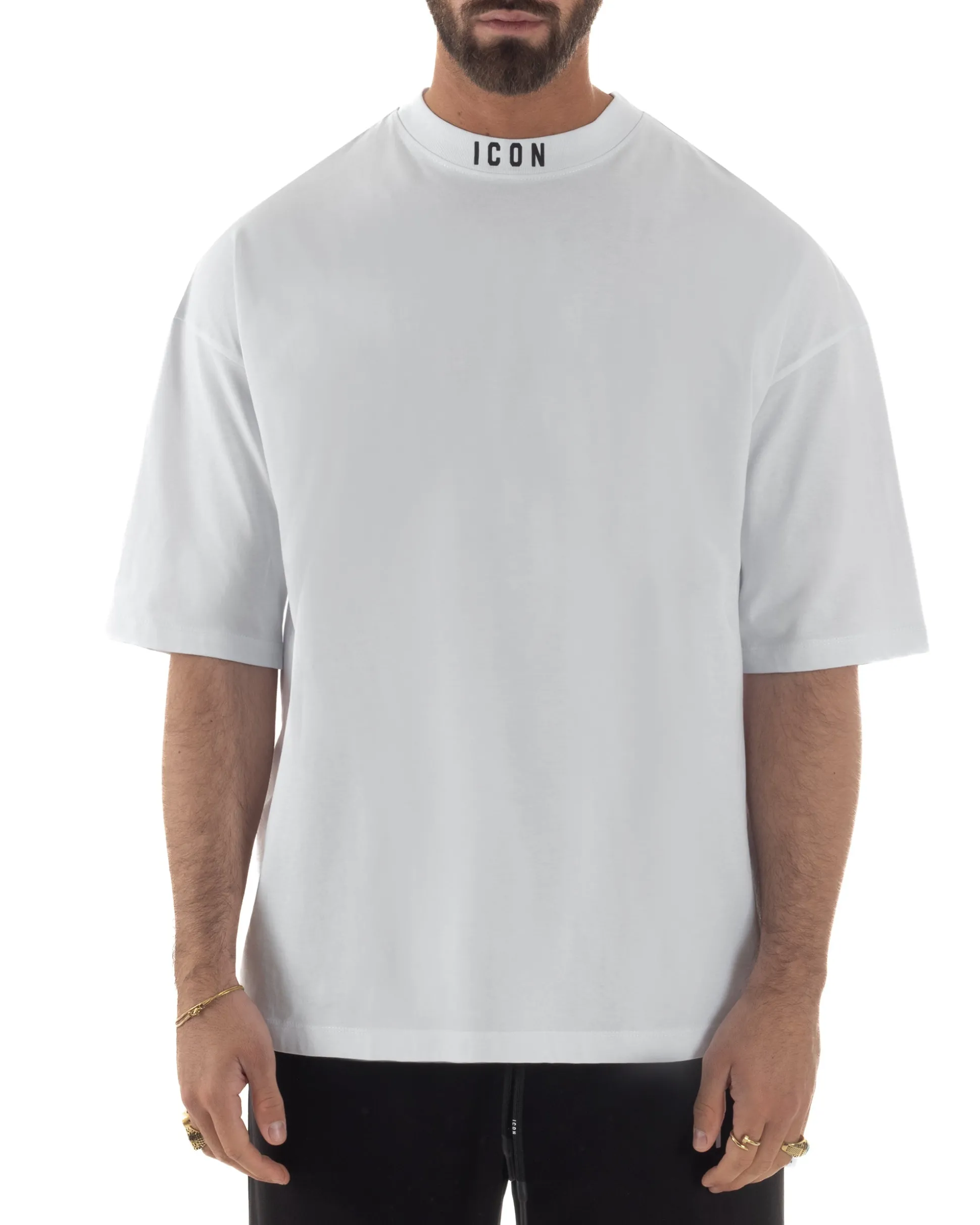 T-shirt uomo mezzo collo stampa basic oversize gola alta bianco ICON IUT008