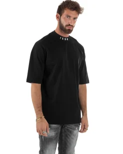 T-shirt Uomo Mezzo Collo Stampa Basic Oversize Gola Alta Nero ICON ICUF2W6T007