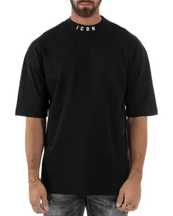 T-shirt Uomo Mezzo Collo Stampa Basic Oversize Gola Alta Nero ICON ICUF2W6T007