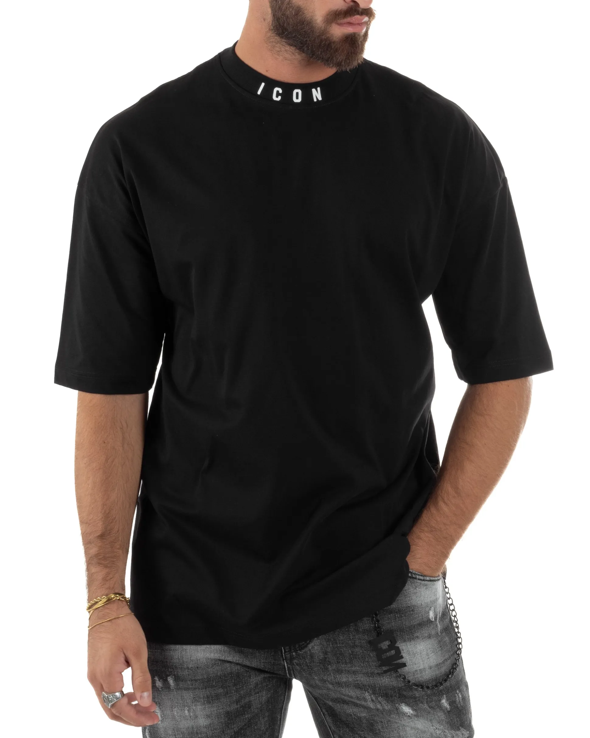 T-shirt Uomo Mezzo Collo Stampa Basic Oversize Gola Alta Nero ICON ICUF2W6T007