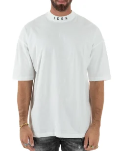 T-shirt Uomo Mezzo Collo Stampa Basic Oversize Gola Alta Bianco ICON ICUF2W6T007
