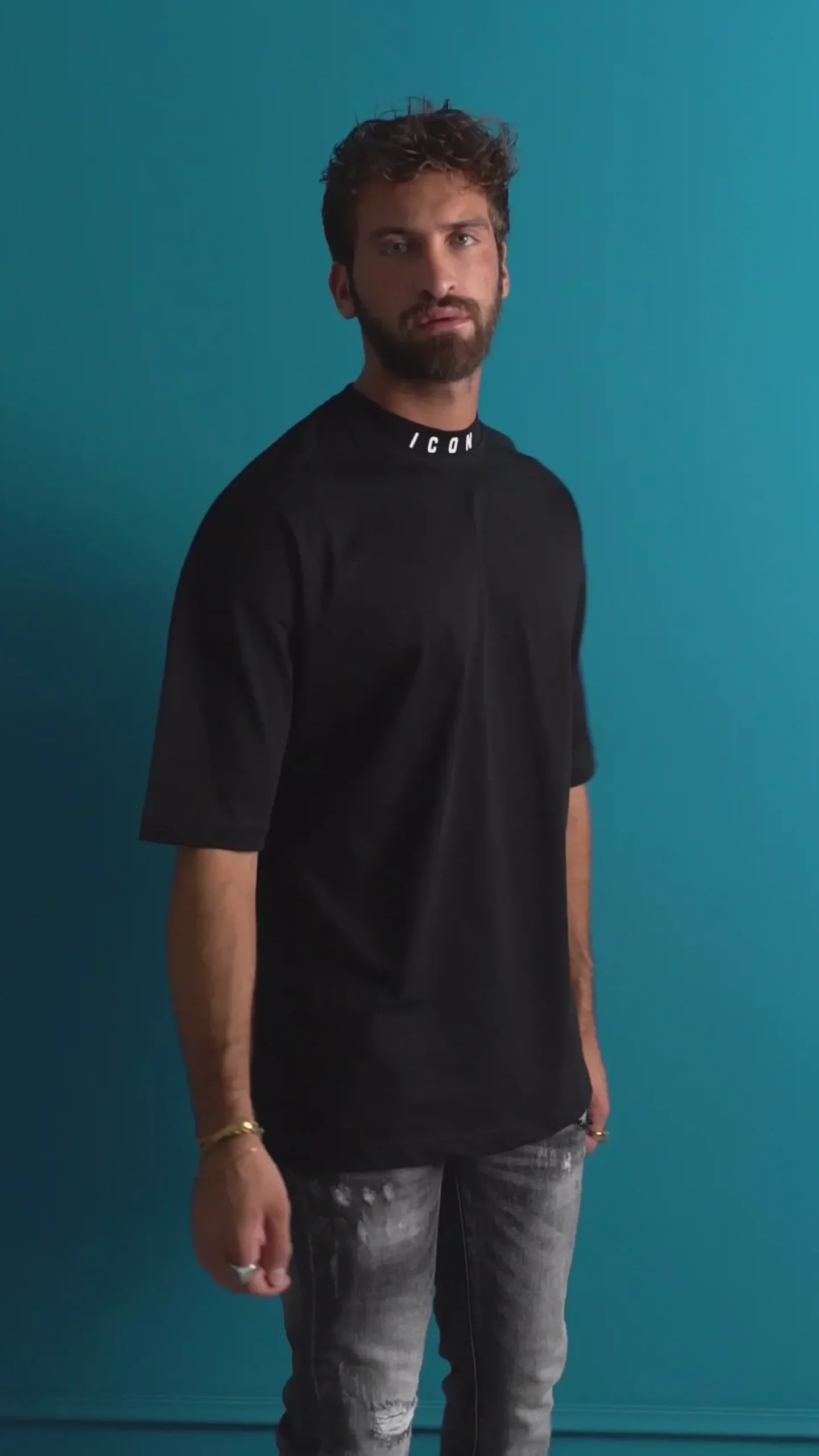 T-shirt Uomo Mezzo Collo Stampa Basic Oversize Gola Alta Bianco ICON ICUF2W6T007
