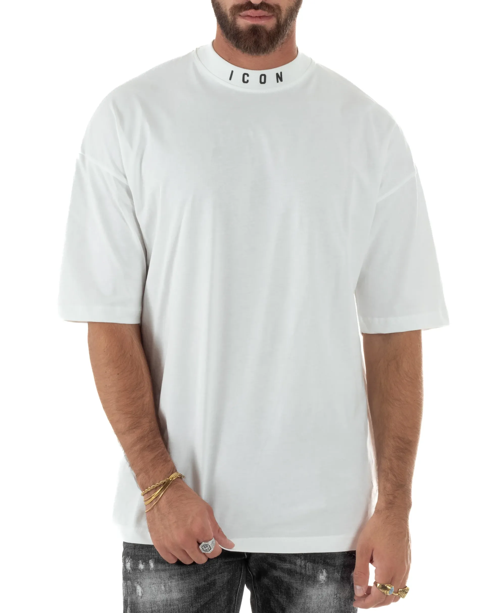 T-shirt Uomo Mezzo Collo Stampa Basic Oversize Gola Alta Bianco ICON ICUF2W6T007