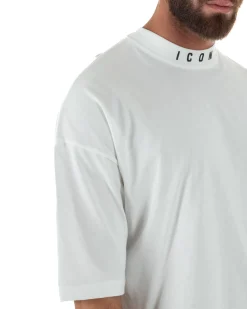 T-shirt Uomo Mezzo Collo Stampa Basic Oversize Gola Alta Bianco ICON ICUF2W6T007
